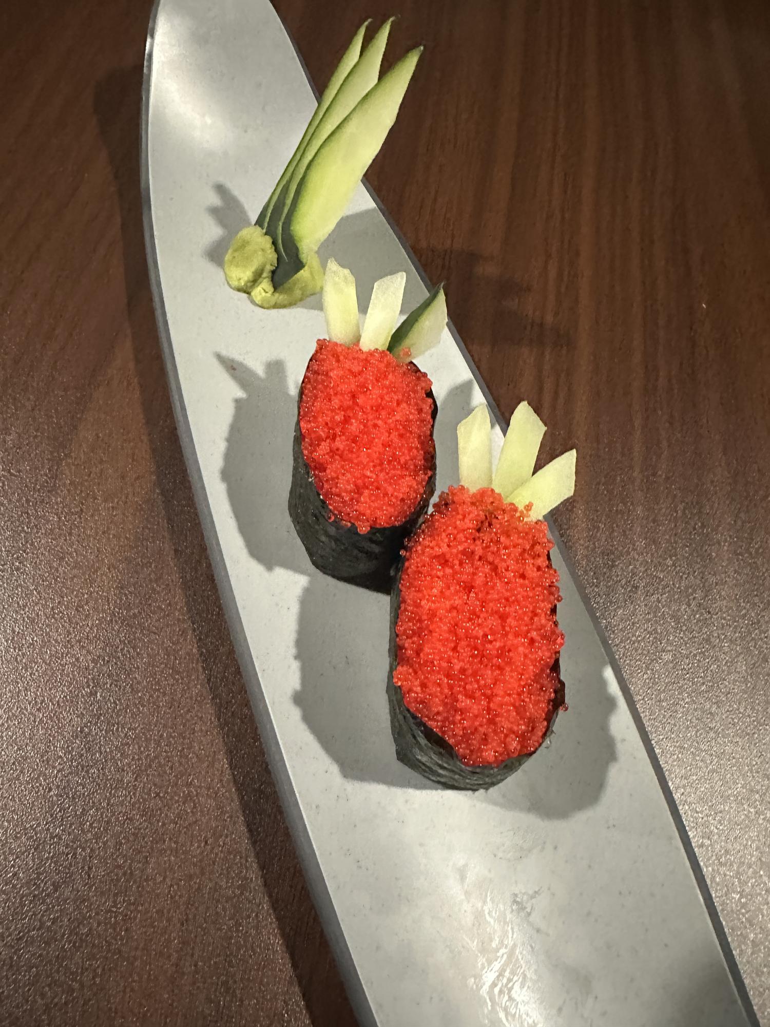 Flying Fish Roe Gunkan Maki with Cucumber “Leaves” at ZX Sushi, Japanese Restaurant in Milwaukee